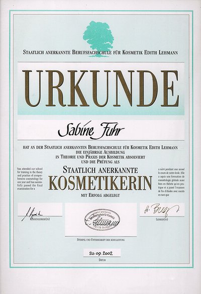 Zertifikat staatlich anerkannte Kosmetikerin